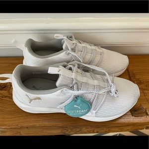 Brand new, never worn, white Puma soft foam sneakers, size 8